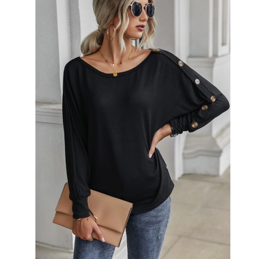 Black Long Sleeve Boat Neck Tee Shirt Button Detail - Picture 6 of 7